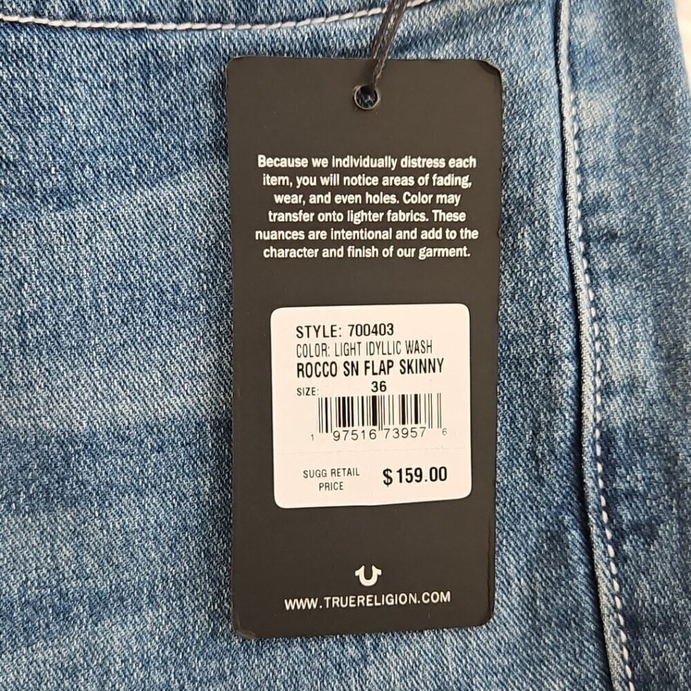 NWT True Religion Rocco Jeans Men's 36x32 Light Relaxed Flap Pocket Green Stitch - Picture 4 of 15